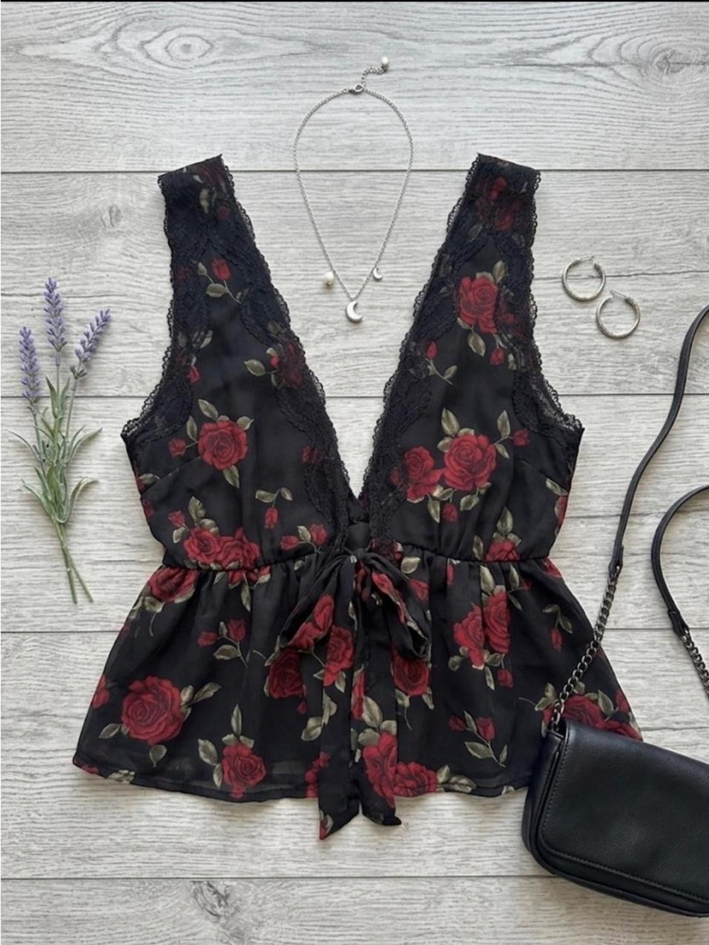 Garage Black Deep V Tank Top with Rose Details - Grunge Vibe